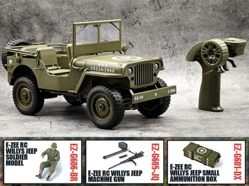 1941 Willys MB élethű  katonai jeep, extra kiegészítőkkel 1:10  4WD RTR autómodell 